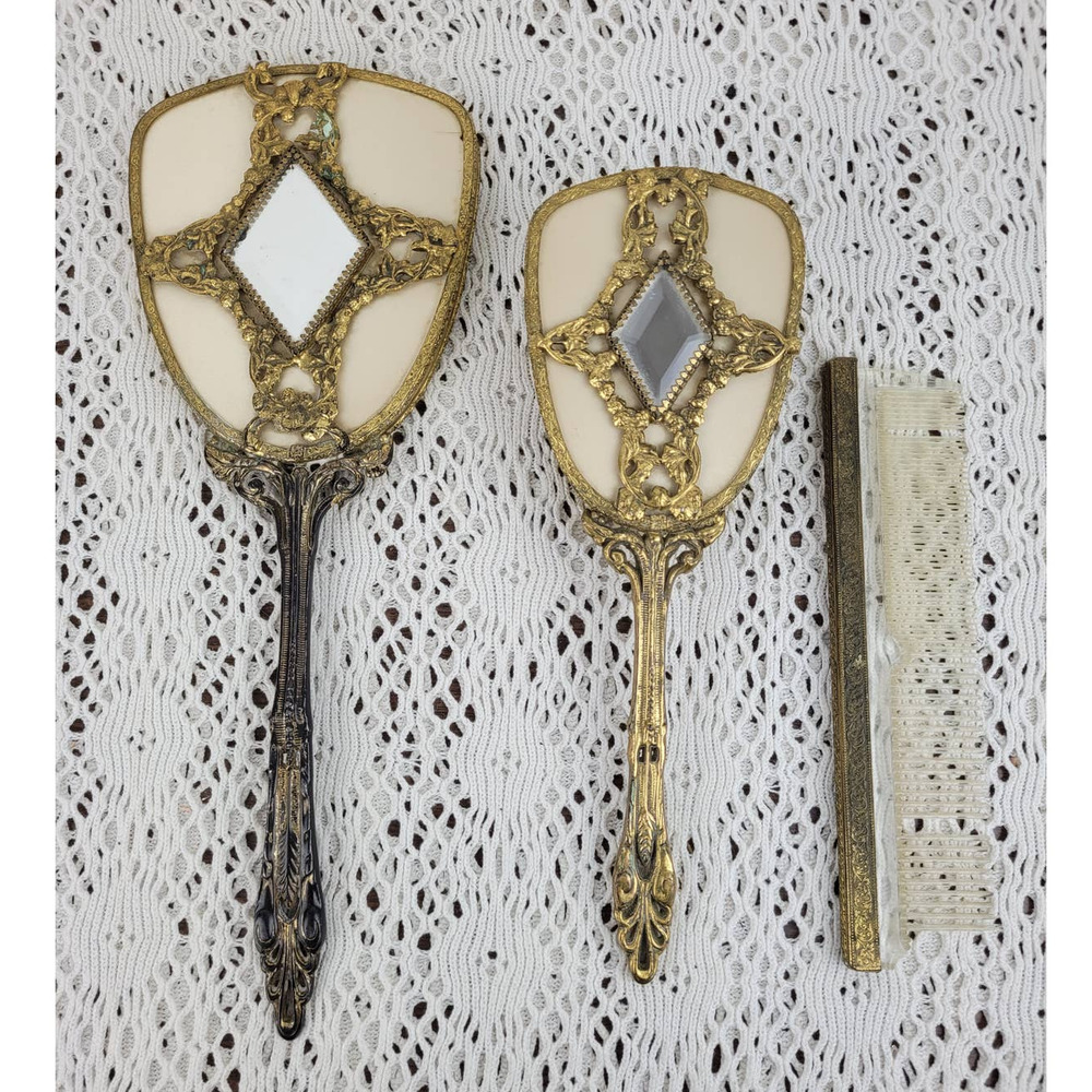Vintage 1950s Gold Plated Diamonds Hair Brush Mirror & Comb Vanity 3 Piece Set